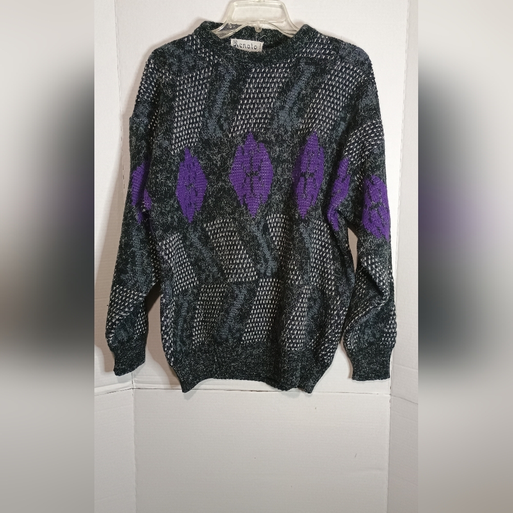 Vintage Men's Renato Italian Geometric Sweater in Black and Purple